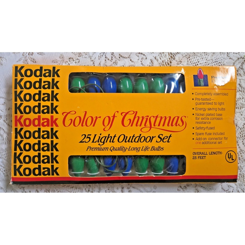 Kodak Color of Christmas 25 Light Outdoor Set C9 Blue & Green Bulbs Vintage 1991